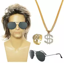 Xnivuis 4 dalių šukuosena „mullet“ rinkinys vyrams, perukas, hipių akiniai, karoliai, auksinis žiedas, sintetiniai garbanoti retro vienas dydis karnavalui, cosplay, 80-ųjų teminiai vakarėliai