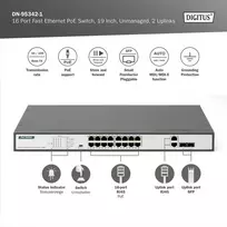 Šakotuvas Digitus 18 prievadų fast ethernet poe tinklo jungiklis 16x rj45 poe + 2x combo rj45/sfp - 250w poe biudžetas - 19 colių - 10/100mbps