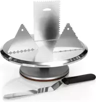 Com-four® Besisukantis torto padėklas ir kepimo rinkinys – nerūdijančio plieno kampinė paletė ir torto grandiklis pagamintas iš aliuminio – torto padėklas ir tešlos grandiklis (5 dalys – torto stovas + mentelė)