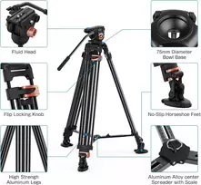 Desview Video Trikojis 193 cm, aliuminio lydinio kameros trikojis su vieno žingsnio užraktu, 75 mm dubuo, 360° skysčio galvutė ir greito atleidimo plokštelė Dslr, vaizdo kameroms, kameroms, 10 kg apkrova