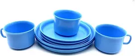 Indų rinkinys kavos servizas plastikinių indų rinkinys 3 x puodeliai 14 cm lėkštės 18 cm plastikas šviesiai mėlynas