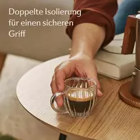 Cosumy Dvisieniai espresso puodeliai, 80 ml, 4 vnt. rinkinys su rankena, elegantiškas briaunuotas dizainas su plaukiojančiu efektu, galima plauti indaplovėje, krištolo skaidrumo terminiai stiklai