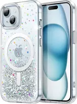 Jetech Glitter dėklas, skirtas iphone 15 6.1 colio, suderinamas su magsafe, skaidrus mielas blizgučiai moterims ir mergaitėms, blizgus smūgiams atsparus magnetinis telefono dėklas (skaidrus)