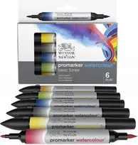 Winsor & Newton 0290164 Promarker Watercolour Marker - 2 antgaliai, teptukas ir plonas antgalis, neblunkantys, labai pigmentuoti akvareliniai dažai kaligrafijai, piešiniams, 6 spalvų rinkinys, pagrindinės spalvos