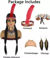 Indianino perukas ilgi juodi plaukai su kasomis + aksesuarai Cosplay Anime
