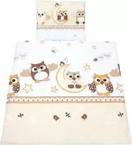 Tuptam unisex kūdikio lovelės komplektas, 4 dalių patalynės komplektas: antklodė ir pagalvė su užvalkalu, spalva: Owls rusvai gelsvas, dydis: 80 x 80 cm