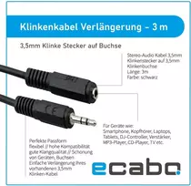 Ecabo 10023 stereo audio lizdo ilgiklis 3.5 mm kištukas į 3.5 mm lizdą - aux kabelis - ilgiklis - automobilių radijo imtuvams, mp3 grotuvams, imtuvams, kompiuteriams, nešiojamiesiems kompiuteriams, 3.00 m, juodas