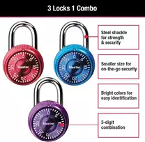 Master Lock 1533tri mini pakabinamos spynos su kodu, mėlyna, violetinė ir raudona spalvos, 3 vnt.