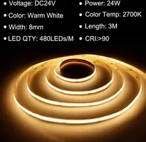 Ttway Cob led juosta 3 m, 2700 K šiltai balta led juosta su maitinimo šaltiniu ir nuotolinio valdymo pulteliu, Dc24 V, 480 led/m, Cri 90+, 8 mm pločio, pritemdomos šviesos juostos miegamojo dekoravimui