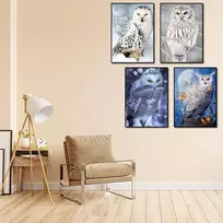 Shegzhuc deimantinė tapyba „sniego pelėda“, 4 vnt., 30 x 40 cm – tapyba pagal skaičius suaugusiems, pelėdos sniege – perliniai pelėdų paveikslai