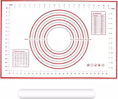 Silikoninis kepimo kilimėlis 60 x 40 cm su trimačiu ir nelimpančiu paviršiumi + 40 cm nelimpantis polietileninis kočėlas tešlai
