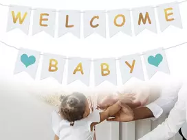 Emezddo girlianda "welcome Baby", reklaminis skydelis "welcome Baby", vėliavėlė kūdikio sutiktuvių vakarėliui, dekoracija kūdikio sutiktuvių vakarėliui, šeimos vakarėliui, priėmimui namuose, vaiko gimtadienio dekoracija berniukui (mėlyna)
