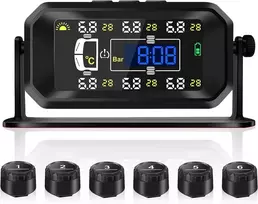 Kaolali tpms padangų slėgio stebėjimo sistema, saulės energija įkraunama padangų slėgio stebėjimo sistema, realaus laiko slėgio ir temperatūros stebėjimas, laiko rodymas, su 6 išoriniais padangų slėgio jutikliais
