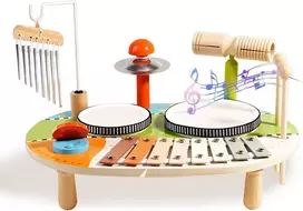 6 viename vaikiškas būgnų rinkinys, medinis būgnų rinkinys, muzikinis staliukas su ksilofonu ir vėjo varpeliais, montessori mušamųjų instrumentų žaislas kūdikiams nuo 1 metų, dovana, b