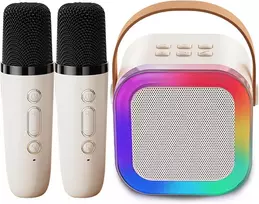 Genround karaoke aparatas su 2 mikrofonais, bluetooth garsiakalbis su vokalo pašalinimu, 3 led apšvietimo režimai, balso keitimas, bluetooth mikrofonas vaikams, suaugusiems, berniukams, mergaitėms (smėlio spalvos)