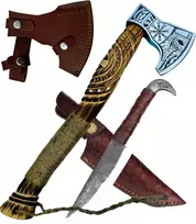 Crafttal - Vikingų kirvis 52 Cn. su Raban galvos peiliu 2-in-1 rinkinys, rankomis graviruota ąžuolo medžio rankena, 1095 anglinio plieno ašmenys, Larp kirvukas su odine apsauga, dovana vyrams