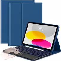 Cacoe dėklas su klaviatūra, skirtas ipad 11 (a16) / 10 kartos (11 colių / 10,9 colio) 2025/2022 su jutikliniu kilimėliu, 7 spalvų apšvietimu, nuimama belaide klaviatūra, tamsiai mėlyna