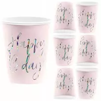 Party Deco Popieriniai gimtadienio puodeliai Happy Birthday rožiniai 220ml 6vnt