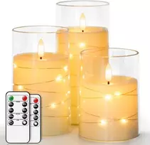 Salipt led žvakės stikle, беliepsnės žvakės su judančia liepsna, elektrinės žvakės su nuotoliniu valdymu, 3 žvakių rinkinys su laikmačiu, skersmuo 7.6 cm, aukštis 10.2 12.7 15.3 cm - fairy lights baltas