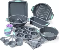 Tongjude 47 dalių silikoninių kepimo formų rinkinys, 6 silikoninės tortų formos, kekso forma, spurgų formos, nelipni kepimo forma, su matavimo puodelių ir šaukštų rinkiniu, pilka