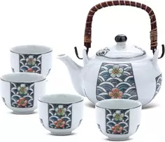 Gėlių porcelianinis arbatos rinkinys, japoniškas arbatos rinkinys, kiniškas gongfu arbatos rinkinys, porcelianinis arbatos rinkinys su arbatinuku, 5 dalių azijietiškas arbatos rinkinys biurui, oolong arbata, bangų ir gėlių raštas
