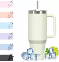 Termosas puodelis 1182ml su šiaudeliu, dangteliu ir rankena, talpus, smėlio spalvos