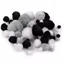 Dekoratyviniai balti, pilki, juodi pūkai, mišinys 1-4cm, 60 vnt.