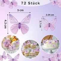 Suofuolef 72 vnt. drugelių valgomų tortų dekoracijų rinkinys, violetinė 3d torto dekoracija, valgoma keksiukų dekoracija vestuvėms, gimtadieniui, jubiliejui