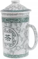 Lachineuse - kinietiškas puodelis "chinese Characters" - porcelianinis arbatos puodelis su sieteliu ir dangteliu - žalios ir baltos spalvos - tradiciniai kinietiški indai - azijietiška dovana