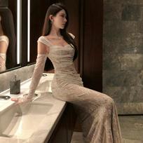 Annual Meeting Robe Dress Long Dress Design Sense Lace Fishtail Tube Top Waist Thin Inner Feeling Dress L black