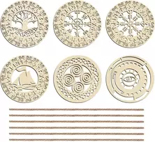 Fingerinspire 6 vnt. medinių gyvybės medžio sienų dekoracijų 10 cm vikingų karo laivo meno dekoras su virvėmis išskaptuotas blogos akies sienų pakabinamas ženklas medinė skandinaviška vikingų runų sienų skulptūra