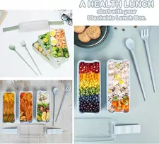 Diyjep 2 dalių priešpiečių dėžučių rinkinys, bento dėžutė su šaukštu, šakute ir lazdelėmis, suaugusiųjų priešpiečių dėžutė 900 ml su 3 skyriais, daugkartinio naudojimo sistema priešpiečių dėžutė į mokyklą, darbą, iškylą, kelionę (žalia, mėlyna)