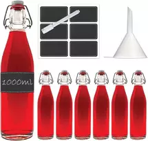 Slkfactory stiklinis butelis su užsukamu dangteliu, tuščias stiklinis butelis su užsukamu dangteliu vynui, šnapsui, actui, aliejui, stikliniai buteliai 6 x 1000 ml, skaidrus