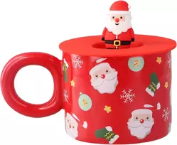 Volumoon Santa Claus puodelis 400 ml, kalėdinis kavos puodelis, keraminiai arbatos puodeliai kalėdoms su dangteliu, kalėdinis puodelis, eglutės puodelis, šventiniai puodeliai karštam šokoladui (santa Claus)