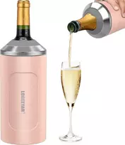 Vyno aušintuvas su dangteliu, 750 ml butelių aušintuvas vynui ir šampanui, dvigubų sienelių nerūdijančio plieno šampano aušintuvas, nešiojamas gėrimų aušintuvas lauke, dovanos vyno mėgėjams, rožinis