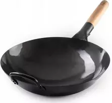 Craft Wok plaktas wok keptuvas, anglinis plienas, 33 cm, medinė ir plieninė rankena, apvalus dugnas