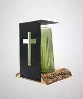 Flagolie Žvakė metalas ąžuolo mediena, žalias stiklas. Originali, didelė natūrali žvakė.