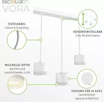 Ssc-luxon vora pakabinamas šviestuvas 3-bulb baltas su šviesos kraštu - pakabinamas šviestuvas valgomojo stalui su tekstiliniais kabeliais, reguliuojamo ilgio, skirtas 3x gx53