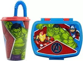 Vaikiškas pietų rinkinys 2 dalys Avengers Marvel plastikinis puodelis ir daugkartinio naudojimo priešpiečių dėžutė be Bpa, puodelis su šiaudeliu 430 ml ir priešpiečių dėžutė