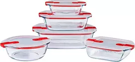 Pyrex® - Cook & Heat - 5 stiklinių indų rinkinys su hermetiškais dangteliais, tinkamas naudoti mikrobangų krosnelėje, be Bpa