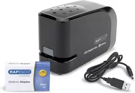Rapesco 1454 automatinis Usb akumuliatorinis segiklis su Usb laidu ir 26/6 mm kabėmis, juodas