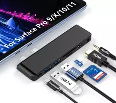 Surface Pro 9 dokas, suderinamas su Surface Pro 10/11/x - Surface Pro 9 adapteris su Thunderbolt 4 (vaizdas + duomenys + 100 W Pd), 4k Hdmi, 2 x Usb 3.0, Sd/tf kortelių skaitytuvas, 3,5 mm audio Surface Pro 9