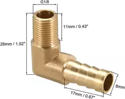 Sourcing map 3pcs žalvarinis barb vamzdis 90 laipsnių alkūnė 8mm barb į 1/8pt vamzdžio adapterio kištuką