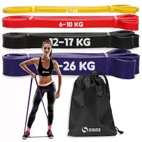Sigos pasipriešinimo gumų rinkinys treniruotėms, 4 vnt. juostos + dėklas, stiprios Power Band fitneso gumos