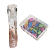 Paper Clip Stapler Portable Clip Dispenser No Hole Punching Paper Pusher with 50 Refillable Transparent Metal Clips Office School Supplies A