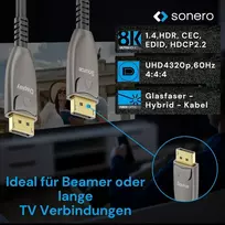 Sonero® 8k Displayport 1.4 kabelis, hibridinis šviesolaidinis kabelis, rezoliucija iki 8k 60 Hz (7680 x 4320) / 4k 120hz (3840 × 2160), Hdr ir Dsc palaikymas, antracito spalvos, 20 metrų