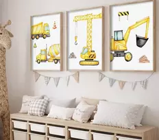 Plakatas Ag.art deco 3 vaikų kambario plakatų rinkinys | 3 dalys A3 30 x 40 cm | Geltonas kranas Ekskavatorius Vežimėlis Betono maišyklė Statybvietė | Paveikslėlių rinkinys mergaitėms ir berniukams | Be rėmo