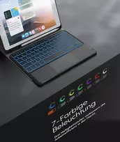 Chesona dėklas, skirtas ipad 9 kartos, ipad 10.2 9/8/7 kartos su jutikliniu kilimėliu, 7 spalvų apšvietimas, 2 bt kanalai, įkraunama nuimama qwertz klaviatūra, juoda