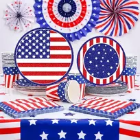 Stalo įrankių rinkinys 16 svečių usa liepos 4-osios amerikos vakarėliui, skirtas amerikos vakarėliui, usa vakarėliui, bbq popierinių indų dekoravimui