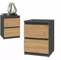 Naktinis staliukas lentyna su 2 stalčiais, antracito spalvos, artisan ąžuolas